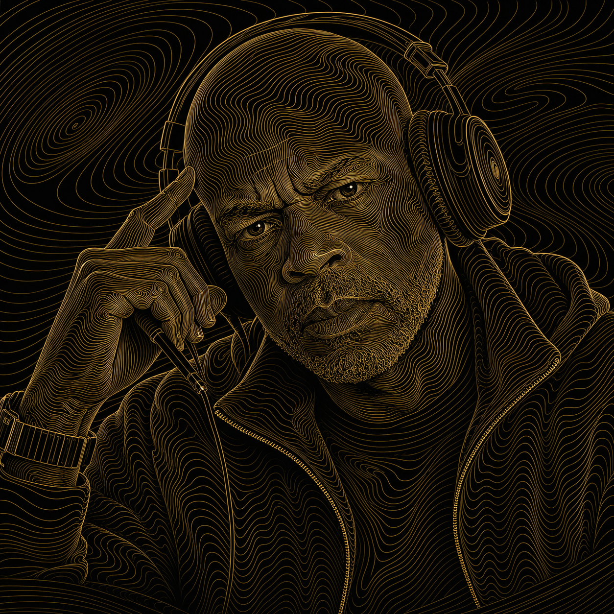 Virtual Black Guy wearing headphones, rendered in flowing gold gravity lines